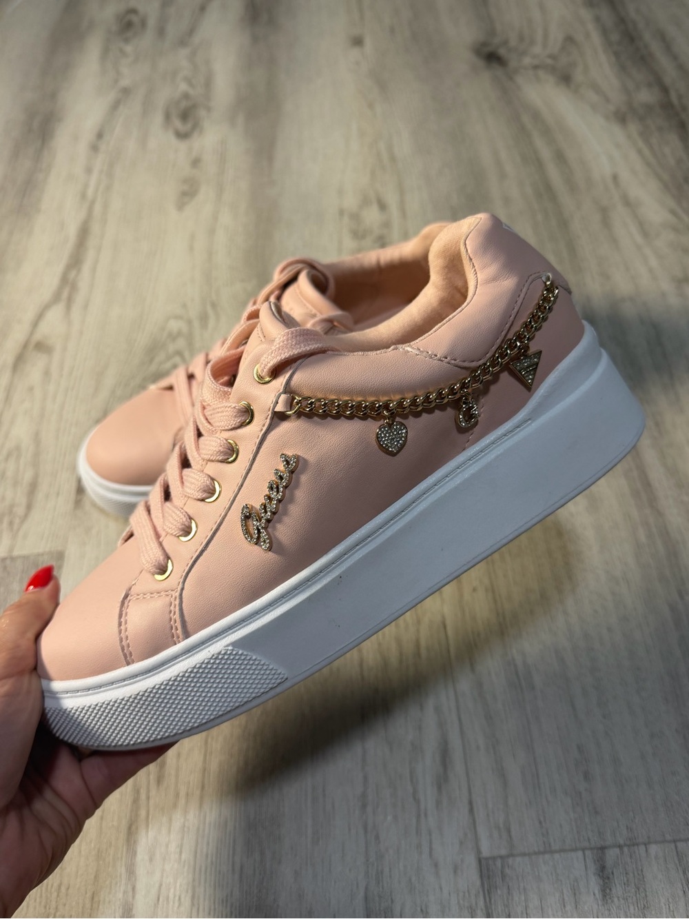 Guess Pink Platform Sneakers with Gold Chain Charms